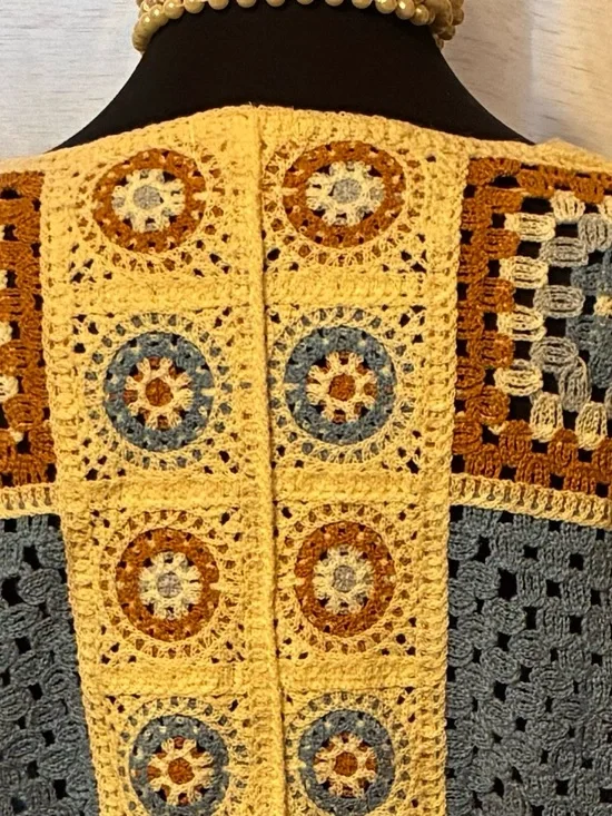 POL Crochet Patchwork Open-Front Sweater Cardigan in Cream, Blue & Brown - Picture 6 of 6